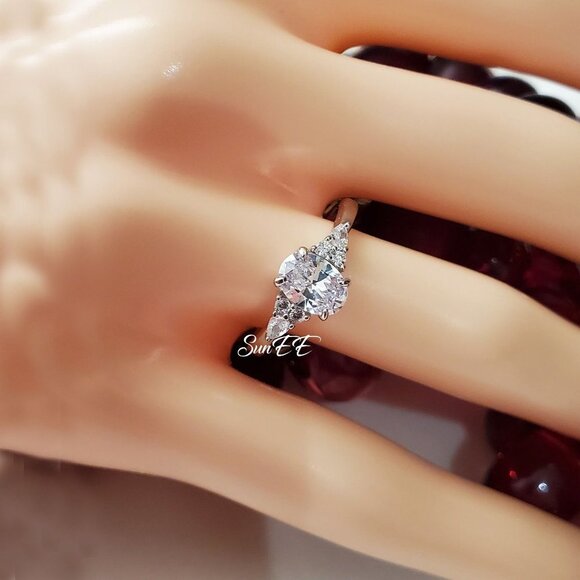 Oval Diamond Cut Simulant w/ Marquis Ring 925 Engagement Ring - Picture 2 of 5